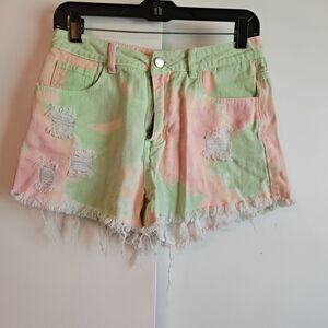 Pastel Tie-Dye Pattern Raw Cut Distressed Shorts by Shein - Size Women's M